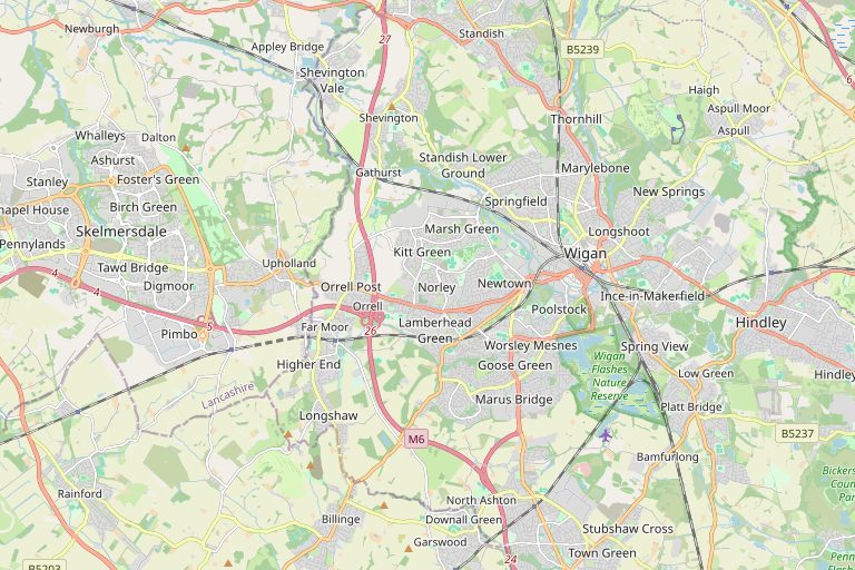 Map of Wigan and the surrounding area